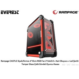 Rampage CASTLE Siyah/Kırmızı 4*12cm RGB Fan 2*Usb3.0 Temper Glass Çelik Gövdeli Oyuncu Kasa