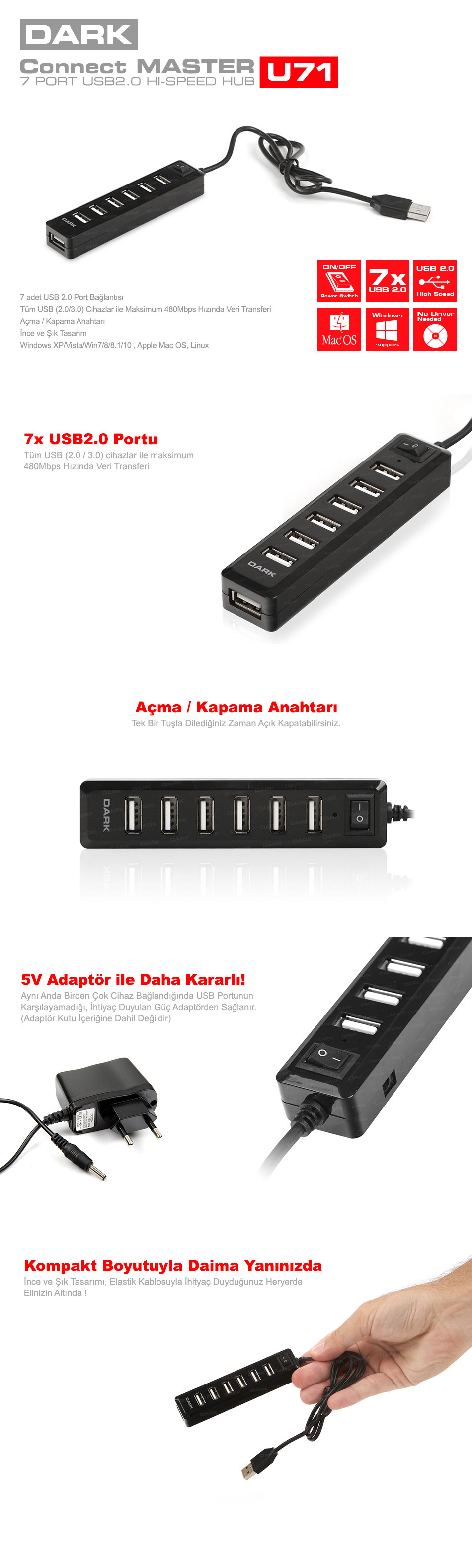Dark Connect Master U71 DK-AC-USB271 Usb 2.0 7 Port Çoklayıcı Hub